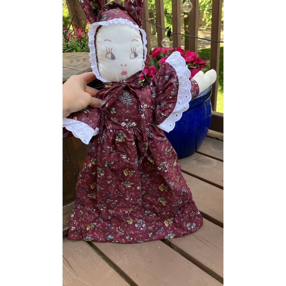 Set of 2 Handmade Cloth Rag Dolls Primitive Bunny Bonnet Shelf Sitters 26" - Picture 6 of 13